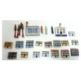 1082	VINTAGE FOLK ART HAND PAINTED VILLAGE WITH TREES AND PEOPLE, LARGEST PIECE APPROXIMATELY 4 IN X