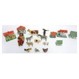 1084	VINTAGE SKOOKUM DOLL, COMPOSITE & CLAY ANIMALS AND GERMAN HAND PAINTED CARDBOARD HOUSES
