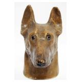 1088	LARGE ANTIQUE PAPER MACHE DOG HEAD CANDY CONTAINER WITH GLASS EYES, APPROXIMATELY 9 IN H