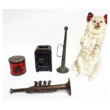 1090	GROUP OF ASSORTED BANKS AND CHILDS METAL TRUMPETS, INCLUDING DRUM BANK, SAFE AND PLASTER DOG BA