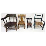 1102	GROUP OF ANTIQUE PAINT DECORATED AND STENCILED CHILDS AND DOLL CHAIRS, LARGEST APPROXIMATELY 12
