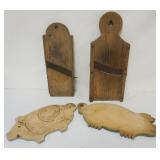 1106	PRIMITIVE LOT OF 2 PINE PIG CUTTING BOARDS AND SLAW CUTTERS, LARGEST APPROXIMATELY 22 IN X 9 IN