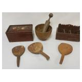 1108	PRIMITIVE LOT INCLUDING CANDLE BOXES, WOOD MORTER AND PESTLE AND WOOD LADLES, LARGEST APPROXIMA