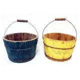 1114	2 PRIMITIVE SMALL WOODEN PAILS, 1 MARKED WOODBRIDGE, N.Y., LARGEST APPROXIMATELY 12 IN X 8 IN H