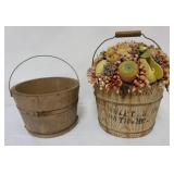 1115	2 PRIMITIVE WOODEN PAILS,  MARKED BATH, ONE WITH FRUIT AND FLOWERS, LARGEST APPROXIMATELY 12 IN