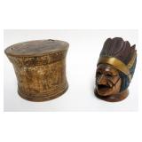 1120	TREENWARE ROUND WOOD CONTAINER WITH SCREW ON LID, LID HAS OLD REPAIR AND CARVED AMERICAN INDIAN