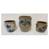 1167	BLUE DECORATED STONEWARE CROCKS, LARGEST APPROXIMATELY 12 IN H, ALL WITH LOSS, HAIRLINES, CRACK