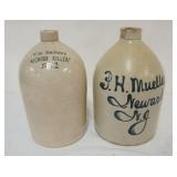 1170	STONEWARE JUG, 1 P.H. MUELLER NEWARK, NJ CHIP ON SPOUT, LARGEST APPROXIMATELY 12 IN H