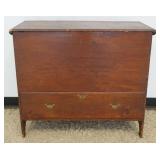 1174	PRIMITIVE PINE BLANKET CHEST WITH HAND DOVETAILED LOWER DRAWER, COTTER PIN HINGE TOP, APPROXIMA
