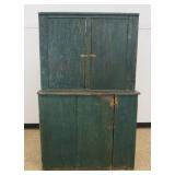 1179	COUNTRY PINE 3 DOOR STEP BACK CUPBOARD IN BLUE GREEN PAINT FINISH, APPROXIMATELY 45 IN X 21 IN 