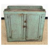 1187	PRIMITIVE 2 DOOR DRY SINK IN BLUE GREEN PAINT FINISH, APPROXIMATELY 35 IN X 17 IN X 34 IN H