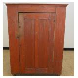 1190	PRIMITIVE PINE 1 DOOR HAND DOVETAILED CASE CUPBOARD IN RED PAINT FINISH, APPROXIMATELY 44 IN X 