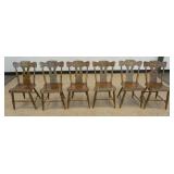 1199	SET OF 6 COUNTRY PLANK BOTTOM, PAINT DECORATED AND STENCILED, LYRE BACK CHAIRS, 1 LOWER RUNG MI