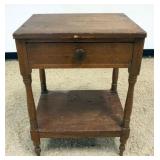 1203	PRIMITIVE 1 DRAWER STAND WITH HAND DOVETAILED DRAWER AND TURNED LEGS, APPROXIMATELY 21 IN X 17 