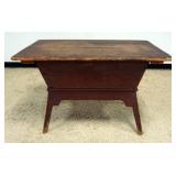 1205	PRIMITIVE PINE DOUGH BOX WITH PIN AND SPLAY LEG BASE IN RED WASH, APPROXIMATELY 43 IN X 26 IN X