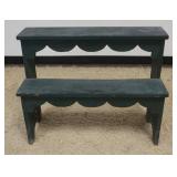 1214	PINE 2 TIER SCALLOPED EDGE SEP BACK BENCH/SHELF, APPROXIMATELY 13 IN X 31 IN X 25 IN H