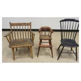 1223	GROUP OF ANTIQUE CHAIRS INCLUDING WINDSOR SIDE CHAIR, HIGH CHAIR AND PRIMITIVE ARM CHAIR