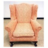 1234	BALL AND CLAW FOOT UPHOLSTERED WING CHAIR, APPROXIMATELY 32 IN X 30 IN X 43 IN H