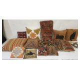 1236	GROUP OF VINTAGE CARPET & HAND SEWN PILLOWS, LARGEST APPROXIMATELY 23 IN X 12 IN