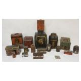 1237	LARGE ASSORTMENT OF ANTIQUE TIN, GENERAL STORE ADVERTISING TINS, TOLEWARE CANISTERS & TEA CADDI