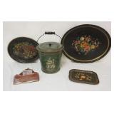 1238	GROUP OF ANTIQUE TOLEWARE INCLUDING BUCKET, TRAYS & HANGING COMB BOX, LARGEST TRAY APPROXIMATEL