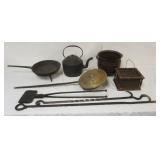 1247	GROUP OF PRIMITIVES INCLUDING CAST IRON COOKWARE, BED & FOOT WARMER, BED WARMER APPROXIMATELY 3
