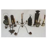 1249	GROUP OF ASSORTED PRIMITIVE LIGHTING INCLUDING WROUGHT IRON & TIN CANDLESTICKS, COACH LANTERN &