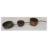 1250	3 ANTIQUE COPPER POTS W/HAND FORGED IRON & RIVITED HANDLES, LARGEST APPROXIMATELY 17 IN X 9 IN 