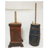 1260	PRIMITIVE BUTTER CHURNS, UNUSUAL SQUARE GRAIN PAINTED & STAVES BLUE BARREL CHURN,  LARGEST APPR