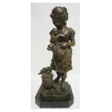 1002	FERDINAND BARBDIENNE CONTEMPORARY BRONZE OF YOUNG GIRL HOLDING 2 PUPPIES W/A DOG NEAR HER FEET,