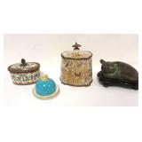 1023	PORCELAIN W/METAL RIM & FINIAL, CHINA TRINKET BOXES & CAST METAL BRASS CAT ON WOOD BASE, LARGES