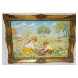 1026	TEXTURED ABSTRACT OIL ON CANVAS OF CHILDREN PICKING FLOWERS ALONG LAKESIDE W/COTTAGE, ARTIST SI