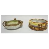 1031	HAND PAINTED NIPPON 3 HANDLED BOWL W/STAG INSIDE BOTTOM & ASH TRAY W/EMBOSSED HAND PAINTED DOG,