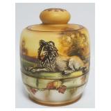 1033	HAND PAINTED NIPPON TOBACCO JAR W/EMBOSSED DOG, APPROXIMATELY 6 1/2 IN