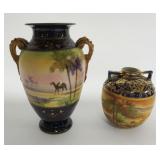 1038	NIPPON MORIAGE DOUBLE HANDLED VASES, LARGEST APPROXIMATELY 9 IN