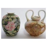 1042	NIPPON MORIAGE VASES, SOME LOSS TO BEADS ON GREEN VASE, TALLEST APPROXIMATELY 8 IN HIGH