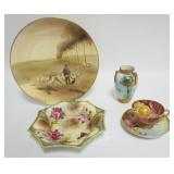 1045	GROUP OF ASSORTED HAND PAINTED NIPPON INCLUDING PLATE W/IMAGE OF SHEEP HERDER, MORIAGE BOWL, VA