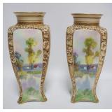 1048	PAIR OF HAND PAINTED NIPPON VASES W/EMBOSSED FLORAL TOP BORDER & CHAMFERED SIDES, EACH APPROXIM