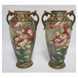 1049	PAIR OF NIPPON MORIAGE HAND PAINTED FLORAL DOUBLE HANDLED VASES, EACH APPROXIMATELY 12 IN HIGH