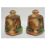 1050	PAIR OF NIPPON HAND PAINTED TOBACCO JARS, EACH APPROXIMATELY 7 1/2 IN HIGH
