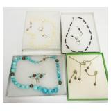 1058	ASSORTMENT OF 4 LADIES COSTUME NECKLACE AND EARRING SETS, INCLUDING BLACK & PINK GLASS, CORAL,S