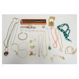 1070	ASSORTED JEWELRY INCLUDING NECKLACES, CHAINS, BRACELETS AND WATCH, SOME MARKED BY MAKER