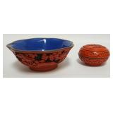 1152	CARVED RED CINNABAR BOWL & COVERED BOX, BOWL APPROXIMATELY 6 IN X 2 1/2 IN HIGH