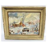 1164	FOLK ART OIL PAINTING ON CANVAS, LOG CABIN, APPROXIMATELY 17 IN X 14 IN OVERALL