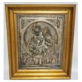 1165	EMBOSSED SILVERPLATE, IMAGE OF JESUS, JOSEPH & MARY W/IMAGES OF CRUCIFIX, APPROXIMATELY 18 IN X