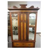 1196	WALNUT VICTORIAN WARDROBE W/DOUBLE MIRROR DOORS OVER ONE DRAWER, CARVINGS W/BURL WOOD PANELED C