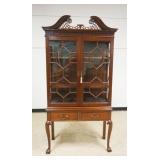 1200	ANTIQUE MAHOGANY 2 PART INDIVIDUAL PANE CURIO CABINET W/2 DAWERS & BALL & CLAW FEET, 2 PANES CR