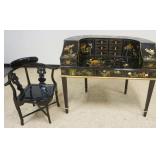 1202	CARLTON DESK W/CHINOISERIE BLACK LACQUERED DECORATION & CHAIR, DESK APPROXIMATELY 28 IN X 50 IN