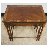 1203	MAHOGANY BAMBOO TURNED LEG NEST OF 2 TABLES W/BURL WOOD BANDED TOP, APPROXIMATELY 24 IN X 16 IN