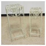1208	NEST OF 2 DECORATIVE METAL LATTICE WORK STANDS W/FLOWER BASKET MEDALLION, TALLEST APPROXIMATELY